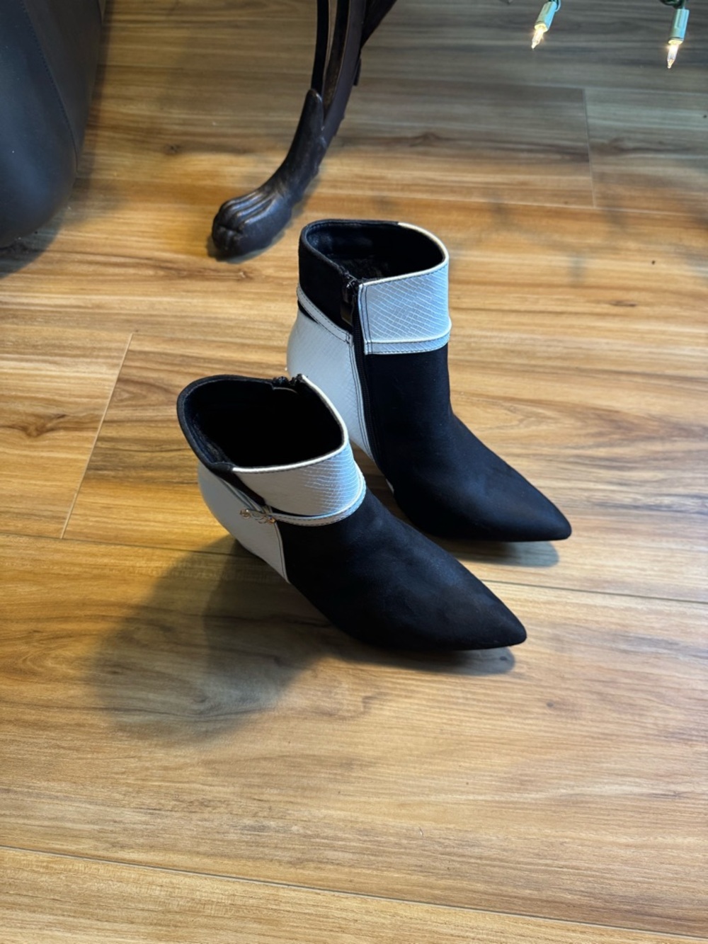 Pointed Two-Tone Ankle Heeled Boots in Black and White heels